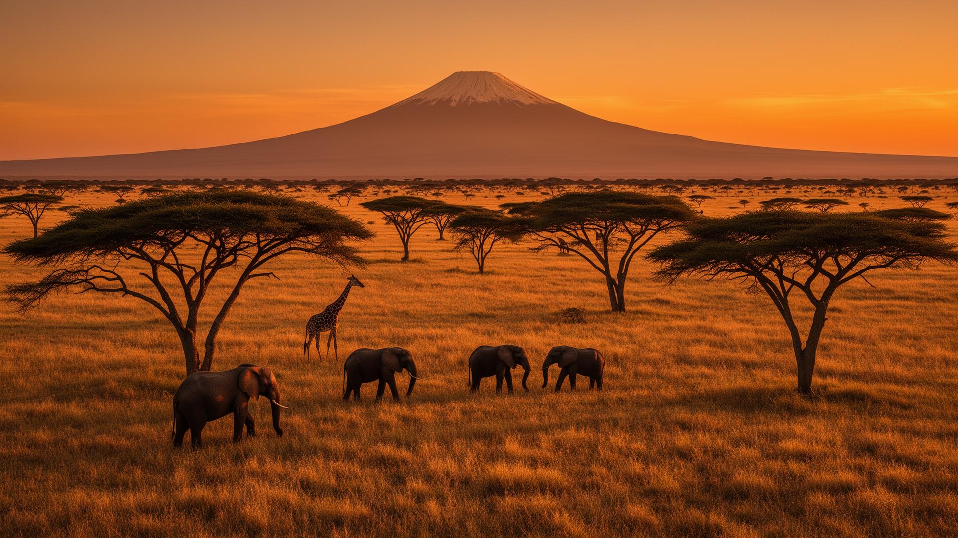 Savanna at sunset with Kilimanjaro